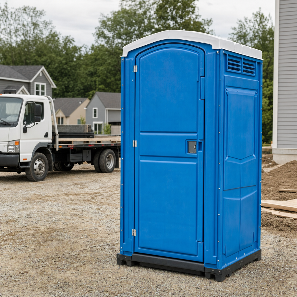Delivery driver positioning a clean royal-blue portable toilet on level ground at a New York City worksite