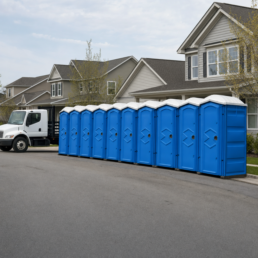 Royal blue portable toilets staged in a tidy row at a New York City jobsite, ready for delivery
